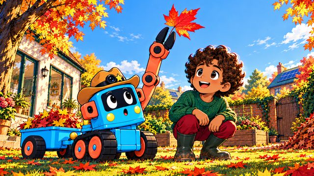 Theo crouches in the autumn garden as Trick-E holds up a falling red leaf in his gripper.