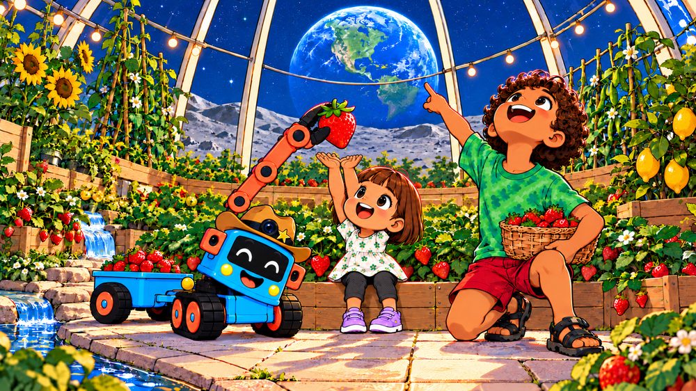 Theo, Tara and Trick-E pick strawberries in a glass greenhouse on the moon, with Earth glowing in the starry sky.