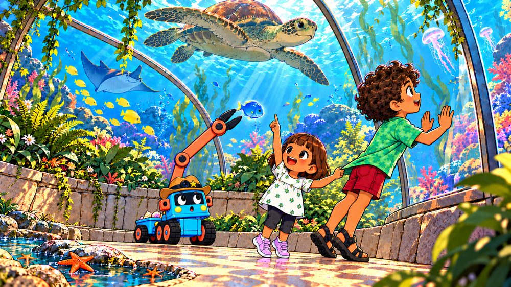 Inside a glass dome under the sea, Theo and Tara wave at a turtle and glowing fish while Trick-E reaches up beside them.