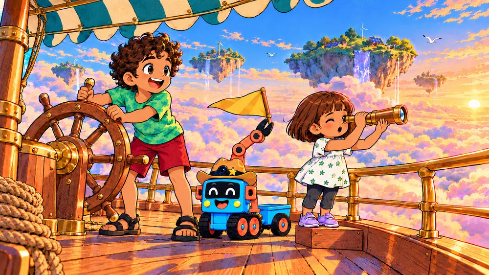 Theo steers an airship at a big wooden wheel above sunset clouds, while Tara looks through a brass telescope at floating garden islands and Trick-E holds up a yellow pennant.