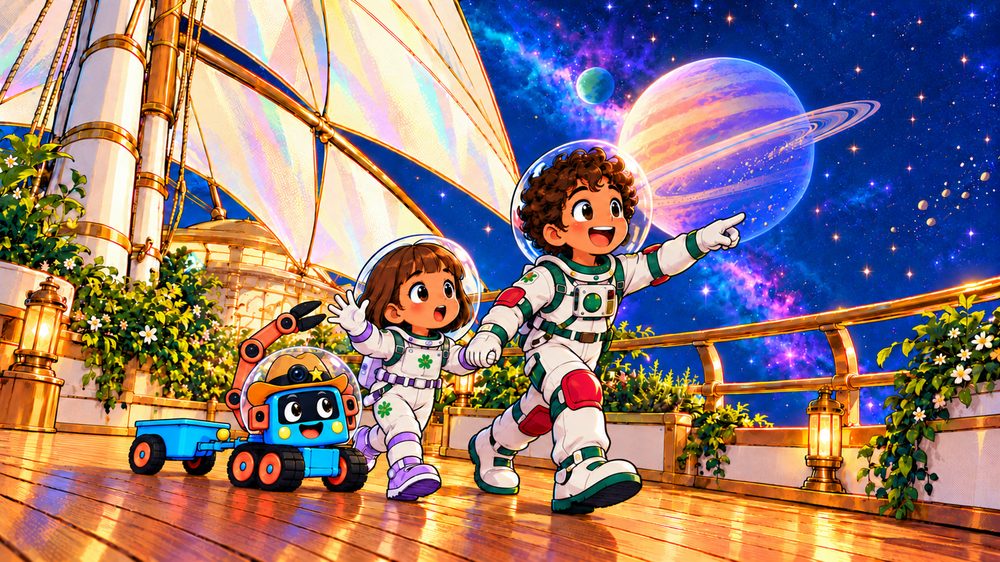 Theo and Tara in astronaut suits and Trick-E in a bubble helmet on the deck of a solar-sail ship, pointing at a ringed planet.
