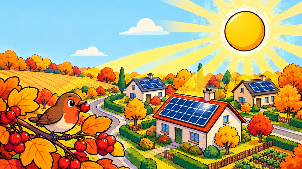 A sunny village of houses with solar roofs and vegetable gardens, a robin on a branch of red berries.