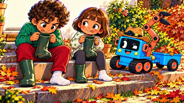 Theo and Tara pull on their wellies while Trick-E waits in a heap of autumn leaves.