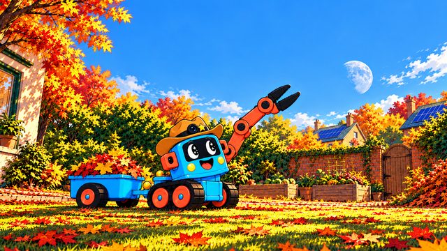 Trick-E in the autumn garden, his trailer full of leaves.