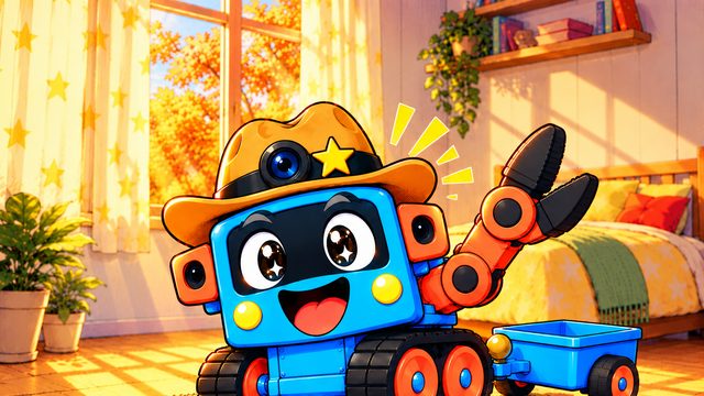 Trick-E, the real cowboy robot, waves hello with his big coral arm.