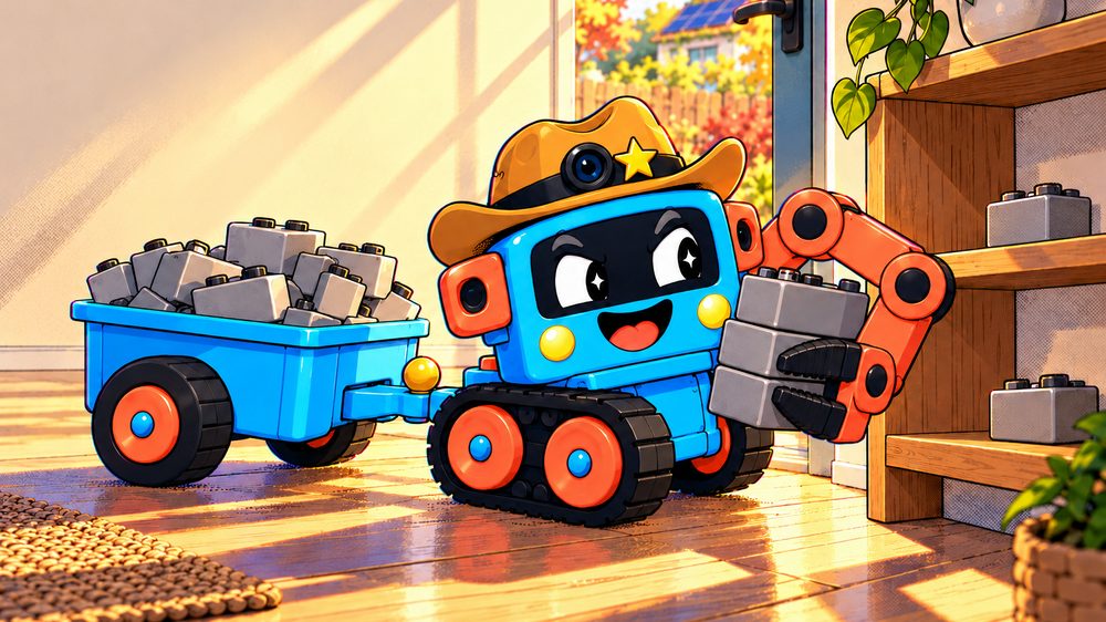 Trick-E carries a load of toy blocks over to his trailer to put them away.