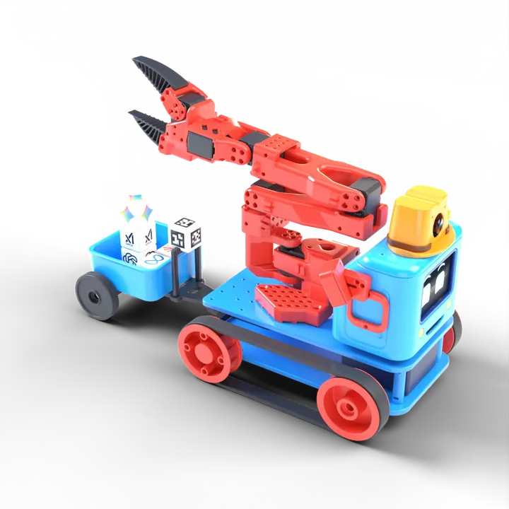 The real Trick-E robot loading glowing cubes into his trailer.