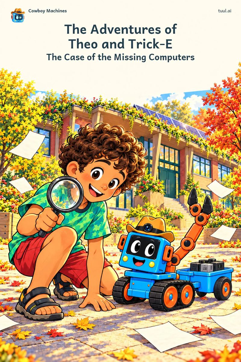 Theo looks through a magnifying glass; Trick-E stands beside him with his arm up.