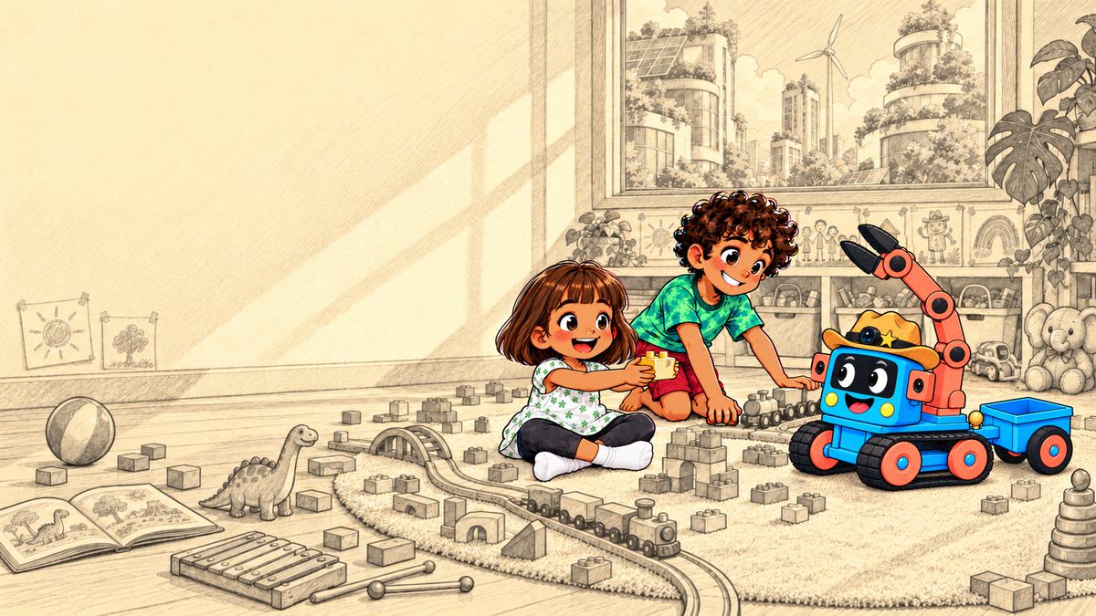 A warm pencil sketch of a sunny playroom with a green solarpunk city outside the window. Only Tara, Theo and Trick-E are in colour: Tara holds out a yellow toy block, Theo plays with a wooden train, and Trick-E, the red and blue robot truck in a cowboy hat, watches them with a big smile. A plush elephant and a little Cozmo robot sit by the shelves.